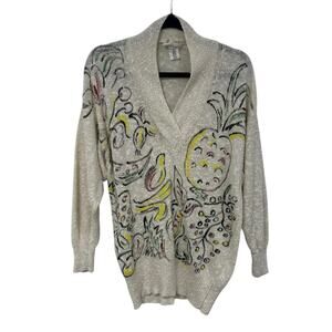 Vintage Emilio Cream Multicolor Abstract Fruit Print Linen Blend Sweater Medium